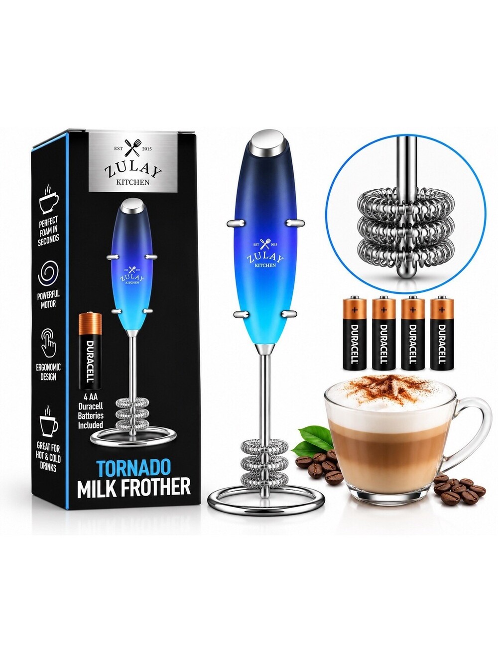 💙 Zulay Kitchen Tornado Milk Frother Blue Gradient 3-Coil Electric